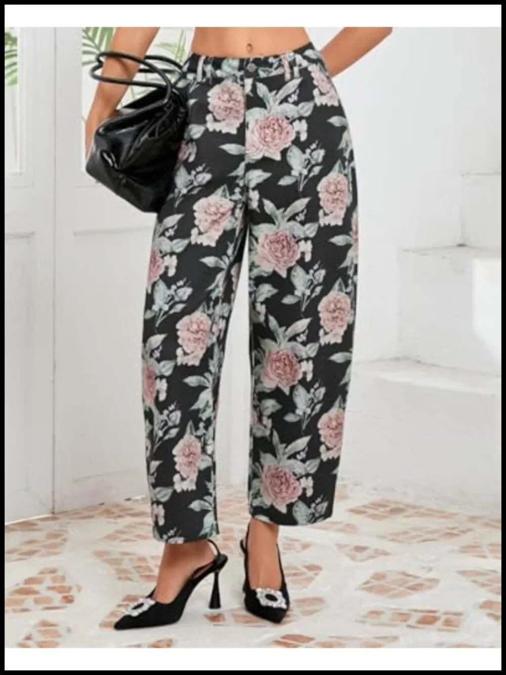 Floral Embroidered Barrel Jeans Wide Leg Mid Rise Boyfriend Baggy Denim Ankle - Picture 2 of 6